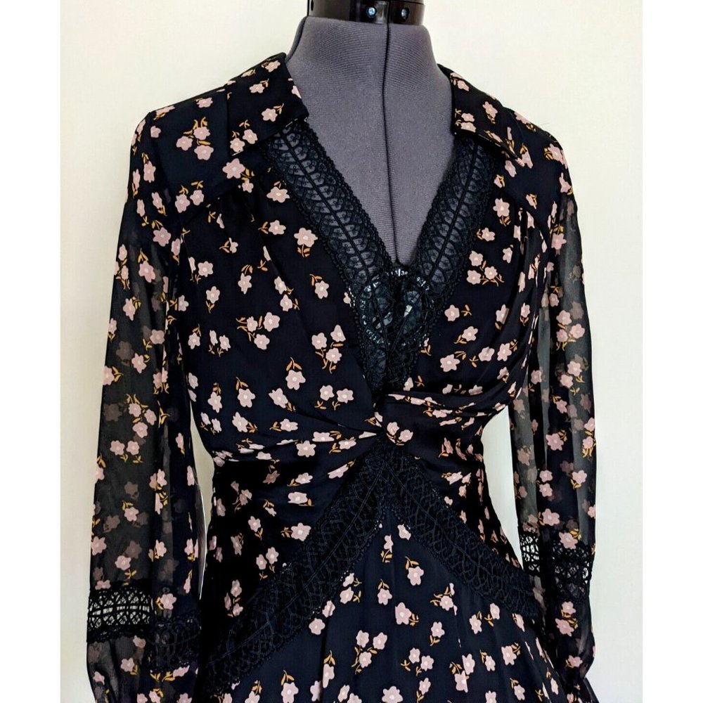Self Portrait Twist Front Ditsy Mini Dress Floral Black Long Sleeve Size 8 BNWT - Picture 7 of 10